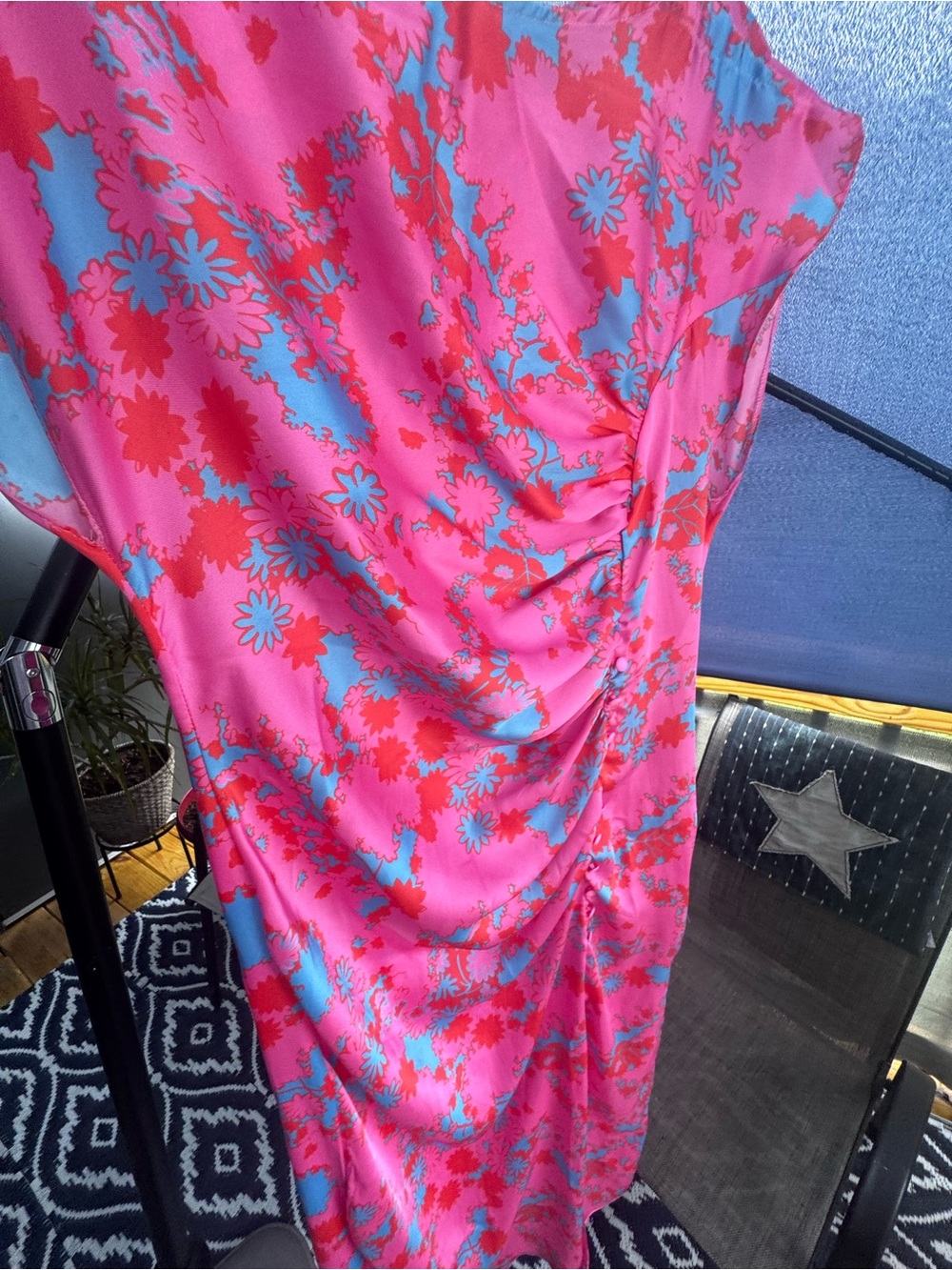 ASOS Pink Floral Ruched Dress with Blue and Red Accents